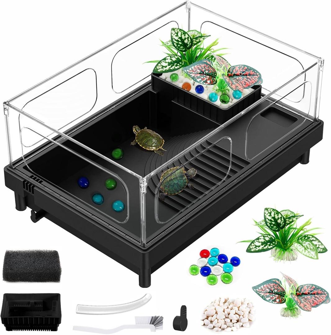 GOZILLA Small Turtle Tank, Acrylic Turtle Tank Starter Kit, Reptile Habitat and Terrarium with Multi-Functional Areas for Tortoise, Crab, Crayfish, Small Reptile.(Black Tank)