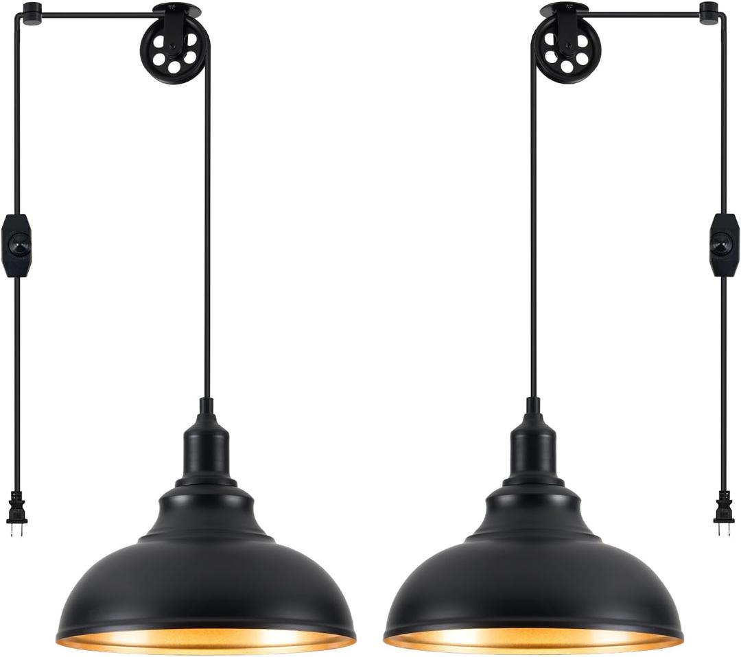 Black Pendant Light Hanging Lamps for Living Room Plug in 15FT Dimmable Switch Adjustable Pulley Hanging Lights with Cord for Kitchen Bedroom 2 Pack