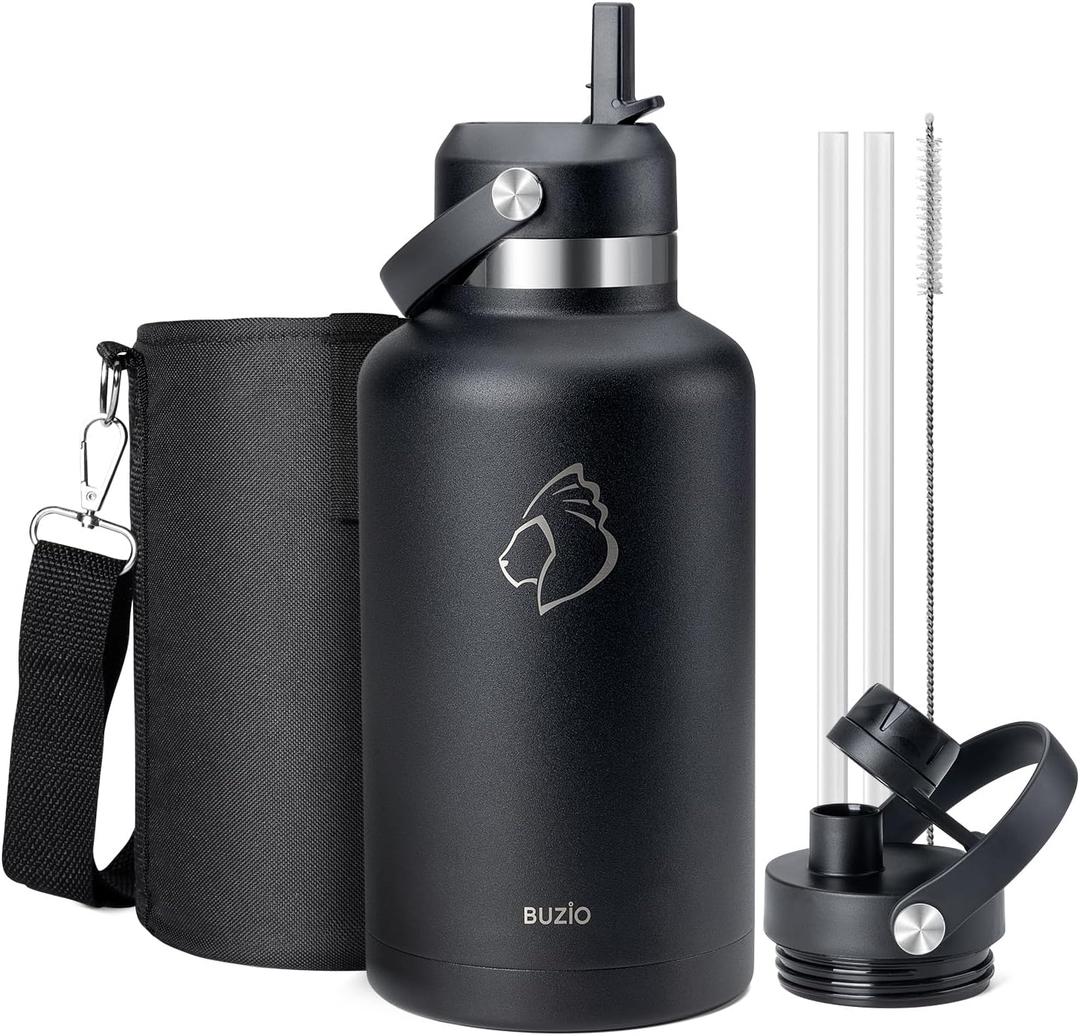 64oz Insulated Water Bottle with Straw Spout Lid, BUZIO Half Gallon Stainless Steel Thermo Flask with Carrying Pouch, Double Wall Vacuum Wide Mouth Leak Proof Tumbler Mug Metal Canteen, Black