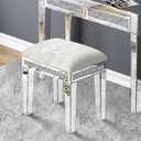 Mirrored Vanity Stool with Crushed Diamond Inlay Velvet Cushion 19.7'' Tall Stylish Makeup Chair for Bedroom, Vanity Chair, Ottoman for Living Room, White