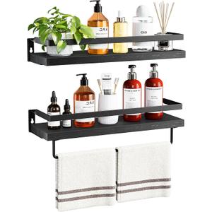 AMADA HOMEFURNISHING Bathroom Shelves with Towel Bar, Floating Shelves, Wall Shelves for Bathroom/Living Room/Kitchen/Bedroom, Black, Set of 2 - AMFS01B, 2 Pack Shelves