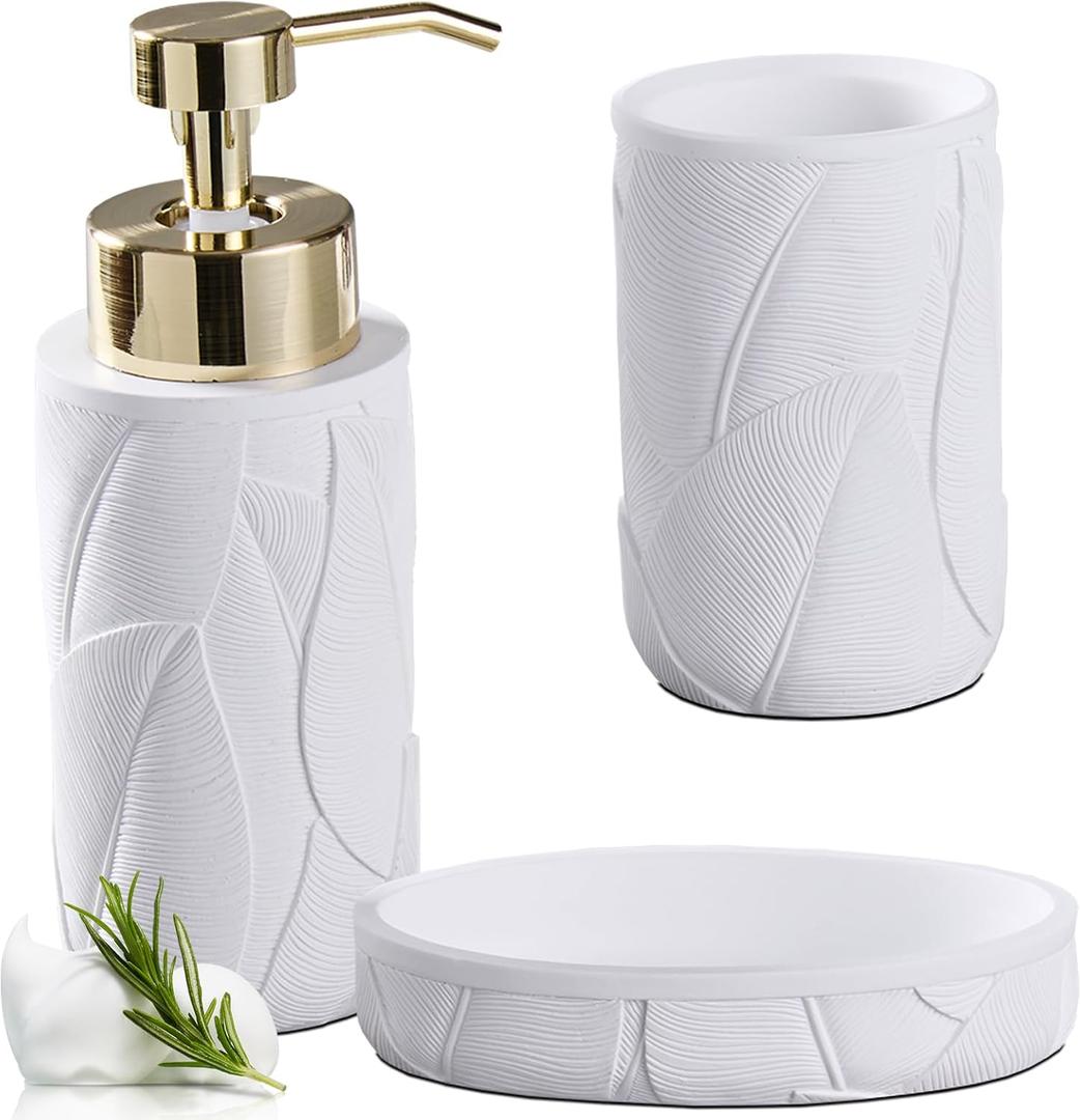 Tropical Leaves Carved Bathroom Accessories Set 3 Pcs for Countertop - Toothbrush Holder Cup, Foaming Soap Dispenser, Soap Dish - Modern Bathroom Dcor Accessory Set for Housewarming Gift (White)