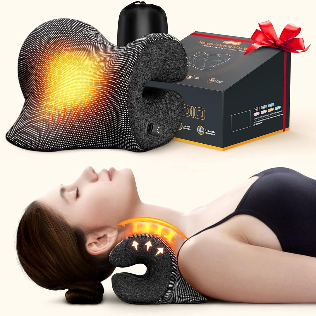 Deep Heated Neck Stretcher with Graphene Heating Pad, Odorless Neck Cloud Cervical Traction Device for Pain Relief, Chiropractic Pillow for Neck & Shoulder Comfort, Gift for Women, Men (Black)