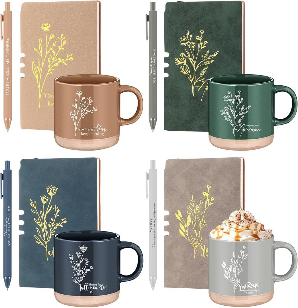 Didaey 4 Sets Employee Appreciation Gifts Set 13oz Boho Floral Ceramics Coffee Mugs with A6 Leather Notebooks Ballpoint Pens Bulk Christmas Thank You Gift for Coworkers Staff Team Nurse