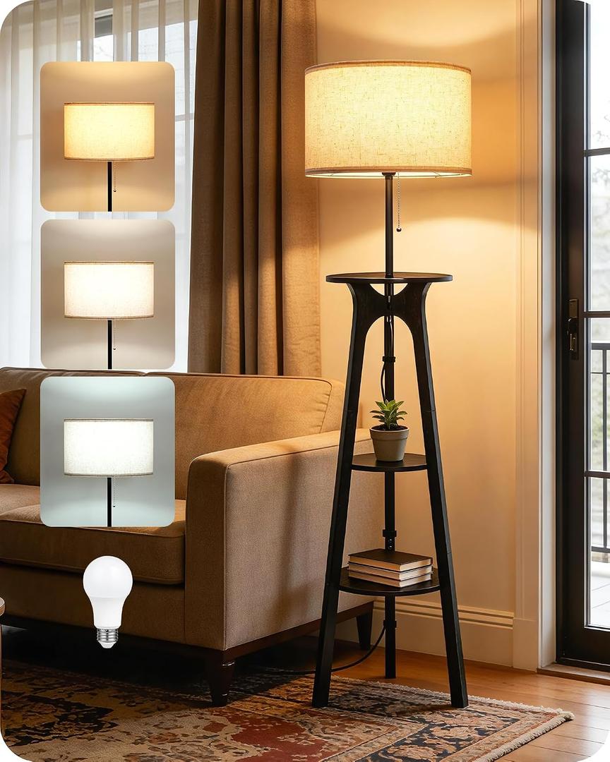 3 Tier Shelf Floor Lamps, Wood Tripod Floor Lamp, Large Linen Lampshade, 3 Color Temperature LED Bulb Included, Modern Shelf Floor Lamp for Living Room Bedroom Beige and Black BE25LD05