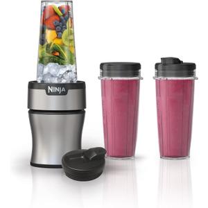 Ninja Nutri-Plus Personal Blender | Compact Push to Blend | Make Frozen Drinks, Smoothies, Sauces & More | With (3) 20 oz. To-Go Cups, (2) Spout-Lids & (1) Storage-Lid | 900 Peak Watt | Silver | BN301