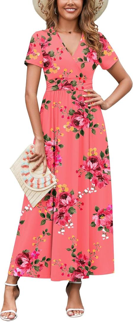 WEACZZY 2026 Summer Long Dresses for Women Wrap Empire Pleated Waist V Neck Short Sleeve Elegant Maxi Dress with Pockets (Small, Sugar Pink)
