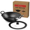 Uno Casa Cast Iron Wok Pan - 8 lb. Flat Bottom Wok with Silicone Lid - 12 Inch, 5.2 Q, Compact, Durable Induction Wok for Both Indoor and Outdoor Cooking