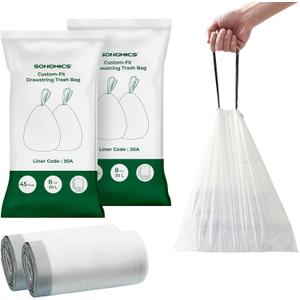 SONGMICS Trash Bags for 8-Gallon (30 L) Trash Cans, Drawstring Kitchen Garbage Bags, Pre-Separated, Liner Code 30A, 2 Rolls, 90 Count, White UKRB30A02