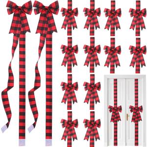Yinkin 16 Pcs Christmas Cabinet Ribbon Bows 10 x 87 Inch Buffalo Plaid Door Ribbons and Bows Decoration Modern Christmas Decor for Xmas Holiday Kitchen Wall Home Furniture (Red, Black)