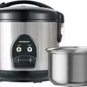 5-Cup Uncooked Rice Cooker, Electric One-Touch for Asian Japanese Sushi, Stainless Steel Inner Pot with Removable Lid & Steamer, Automatic Keep Warm, Silver