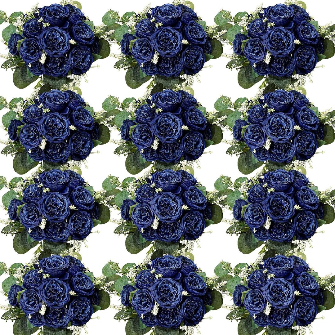 Peonies Artificial Flowers Bulk, 12 Bundles Fake Silk Peonies Faux Eucalyptus Bouquet Realistic Peony Floral Arrangement for Wedding Table Centerpiece Vase Decor (Navy Blue)