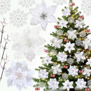 59PCS 6 Style Poinsettia Flowers Artificial Christmas Tree Decorations White Christmas Ornaments with Berry Stems Snowflakes Cards for Wreath Fireplace Stairs Xmas Tree Decor