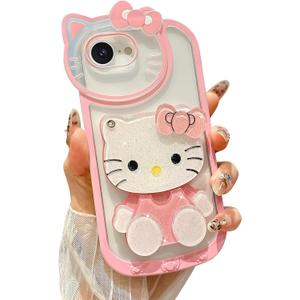 for iPhone 16e Cute Cartoon Case, 3D Bow Funny Kawaii Cartoon Cat Case with Mini Makeup Mirror for Girls Women Soft Silicone Clear Shockproof Phone Cover for iPhone 16e 6.1 inch, Pink