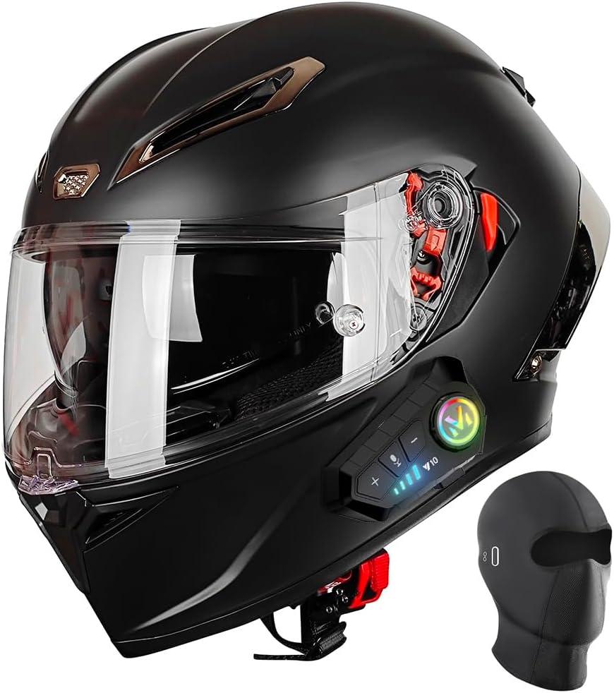 Full Face Motorcycle Helmet with Bluetooth DOT - Wide Panoramic View Street Bike Helmets for Men Women Adults, Internal Sun Visor, Removable Liner 
(Matte Black, M)