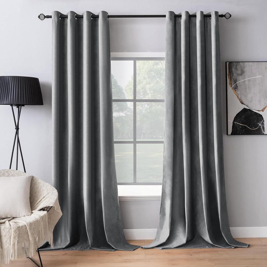 MIULEE 2 Panels Velvet Curtains Solid Soft Grommet Grey Curtains Blackout Thermal Insulated Soundproof Room Darkening Curtains/Drapes/Panels for Living Room Bedroom 52 x 90 Inch