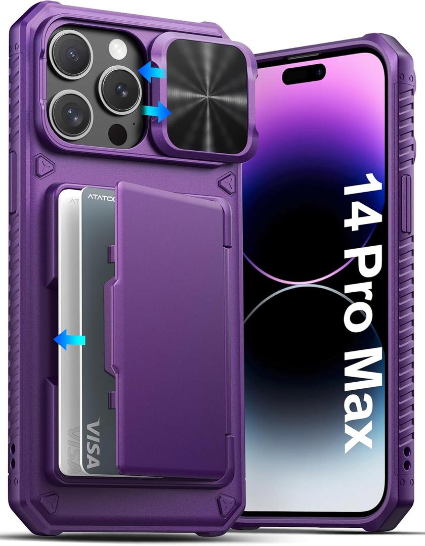 ATATOO for iPhone 14 Pro Max Case, Built-in Card Holder (Store 3-5 Cards) & Slide Camera Cover & RFID Blocking, Military Grade Protection, Hard Wallet Phone Case for 14 Pro Max 6.7", Dark Purple