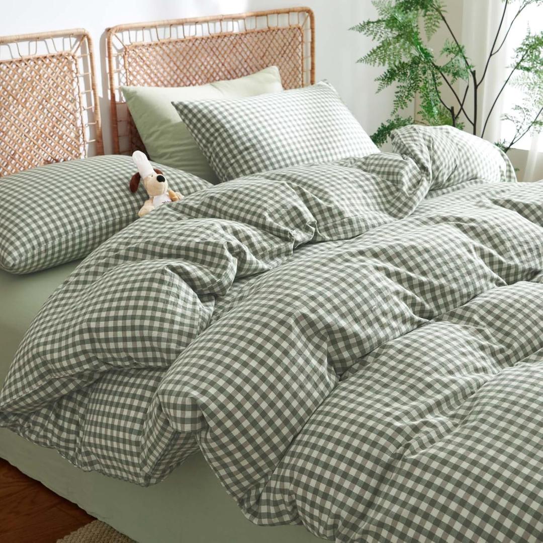 Nayoroom Gingham Duvet Cover Full Size 100% Washed Cotton Green Plaid Checkered Comforter Cover 3 Pcs Soft Breathable Grid Farmhouse Dorm Bedding Set for All Seasons