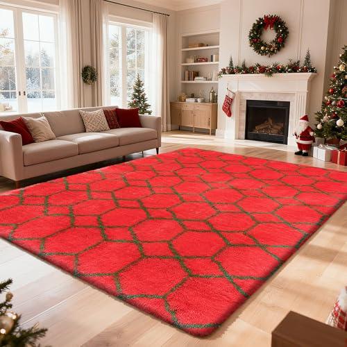 Shag Area Rug for Bedroom 5x8,Fluffy Area Rugs for Living Room,Geometric Soft Fuzzy Rug Non-Shedding Indoor Plush Carpet for Kids Bedroom Nursery Dorm Home Christmas,Red and Green