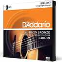 D'Addario Acoustic Guitar Strings, 80/20 Bronze, EJ10-3D, Extra Light Gauge 10-47, 6-String Set, Pack of 3