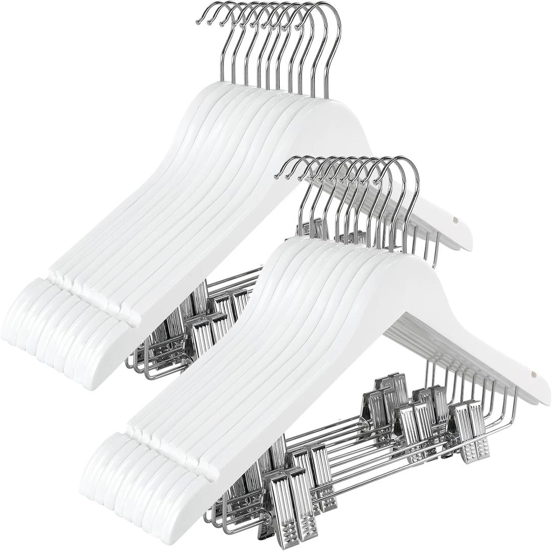 TOPIA HANGER Wooden Suit Hangers with Adjustable Metal Clips (20 Pack), Solid Smooth Wood Clothes Hangers, 360 Swivel Hook, Premium Pants Hangers for Clothes Coat, Jeans, Blouse-White,CT28W20