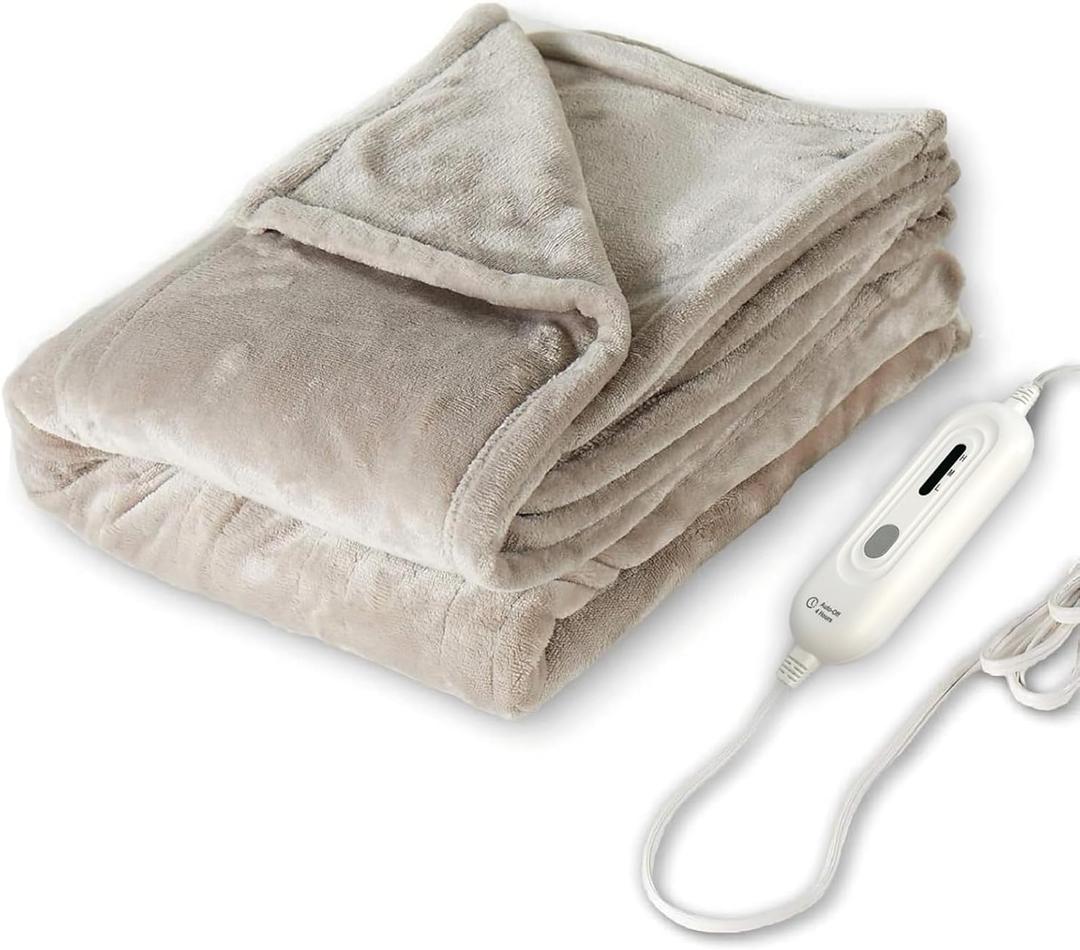 Tefici Electric Heated Blanket Throw, Super Cozy Soft 2-Layer Flannel 50" x 60" Heated Throw with 3 Heating Levels & 4 Hours Auto Off, Machine Washable, ETL&FCC Certified, Home Office Use,Camel