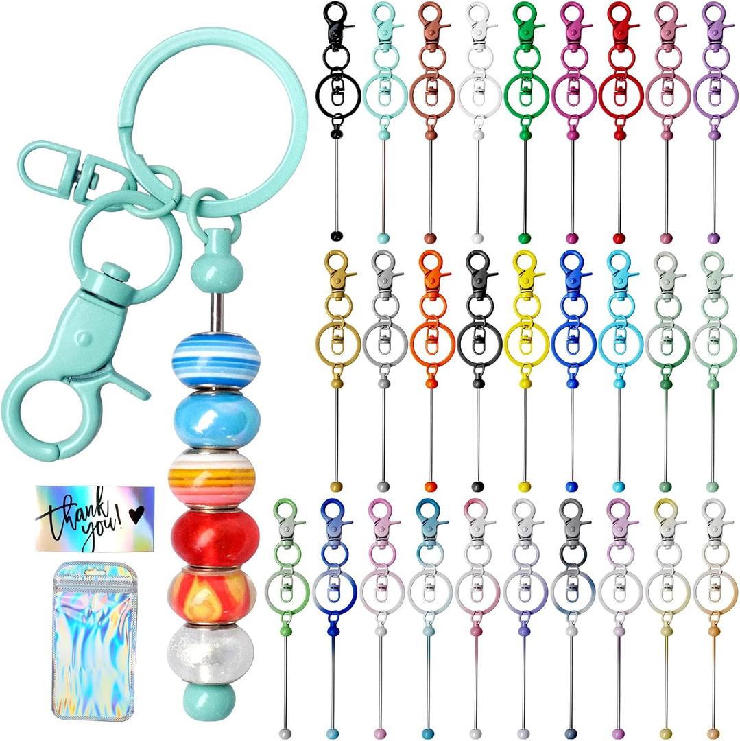 84 Pcs Beadable Keychains Bars Resealable Pouch Bag and Thank You Cards Set DIY Multicolor Blank Beadable Keychains Bulk Keychain Bars Making Kit for Handmade Making Decoration Supplies