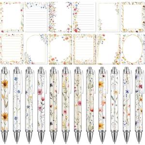 Glenmal 24 Pcs Wildflower Sticky Notes with Pens Floral Theme Teacher Gifts for Women to Do List Memo Pads Self Adhesive Notepads Black Ink Ballpoint Pen for Spring Birthday Party Favors(Classic)