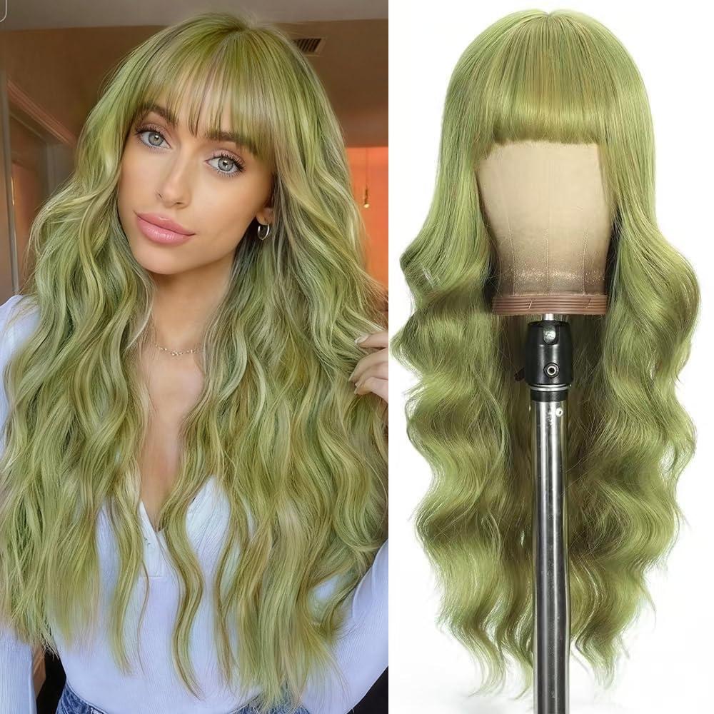 Matcha Green Wigs with Bangs Long curly wavy Wig for Women Natural Wig Wear and Go Synthetic Wigs for Daily Party Use 26IN