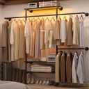 Cyclysio Industrial Pipe Clothing Rack, Reversible 7.25FT Wall Mounted Clothes Rack, Heavy Duty Garment Racks Closet Wardrobe with LED Lights& Shelves, Walk-in Closet System, Grey