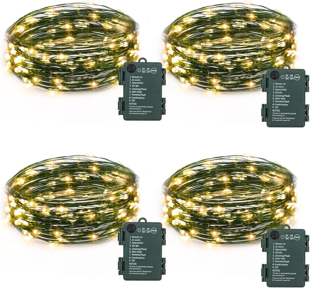 4 Pack Fairy Lights Battery Operated, 16.4 Ft 50 LED Starry Fairy Lights with Auto Timer Dark Green Copper Wire Twinkle Lights for Wedding Bedroom Christmas Decor (Warm White)
