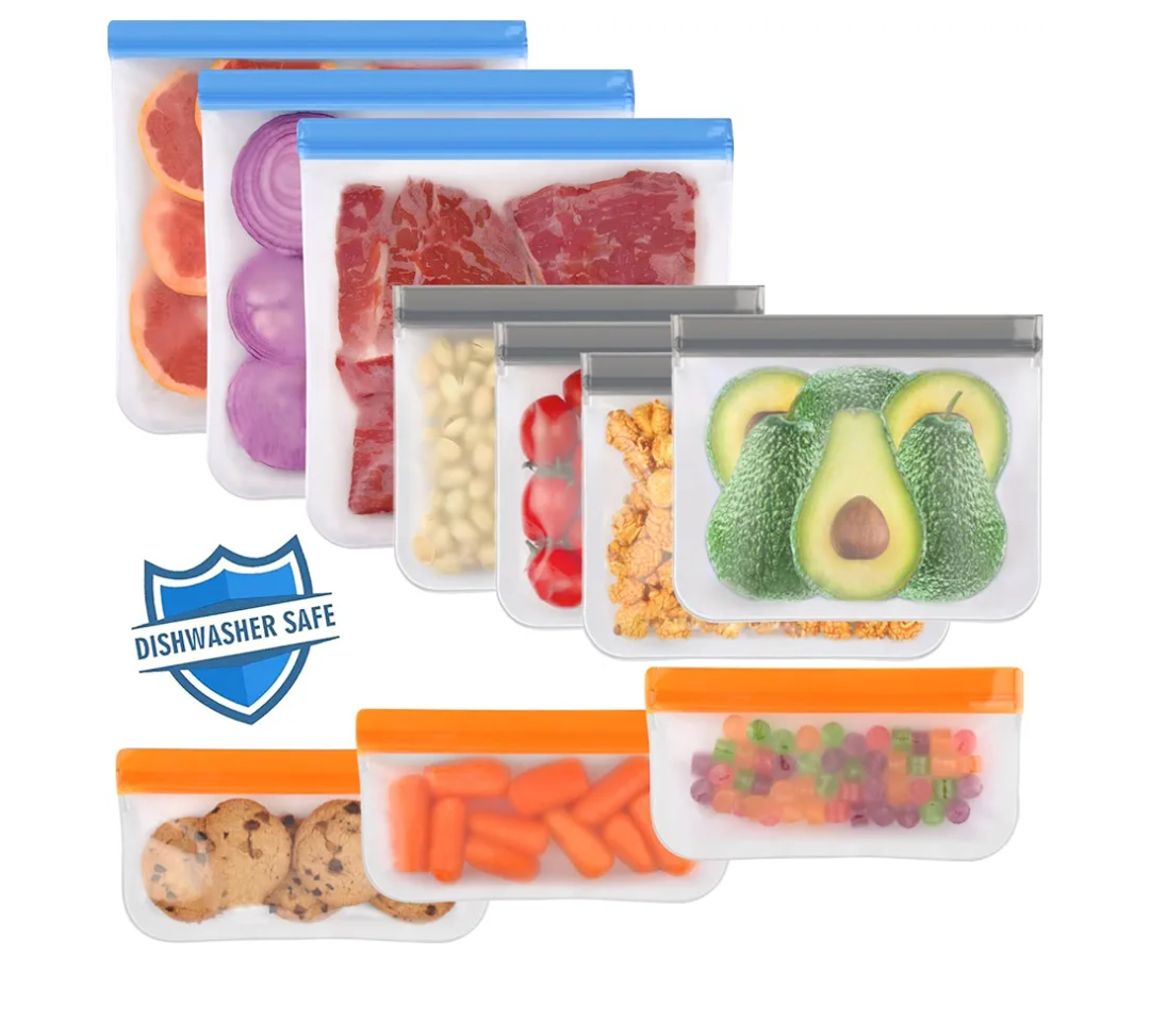 Lerine 10 Pack Dishwasher Safe Reusable Bags, Leakproof Reusable Freezer Bags, BPA Free Food Storage Bags for Marinate Food Travel - 3 Gallon 4 Sandwich 3 Snack
