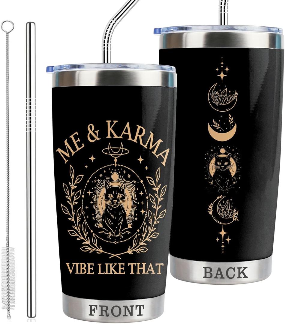 Karma Cat Gifts Me & Karma Vibe Like That 20oz Stainless Steel Insulated Tumbler with Lid and Straw Mystical Celestial Coffee Cup Music Lover Gift (Tum-Me & Karma Black)