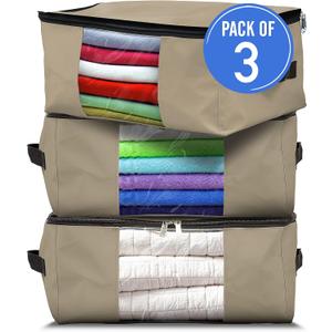 Covers & All Storage Bags, 90 litres Large size Space Saver bags Heavy Duty Storage Organizer Multipurpose, 12 Oz Waterproof UV-Resistant & Tear-Proof (23"L x 17"W x 14"H Inches, Beige, Pack of 3)