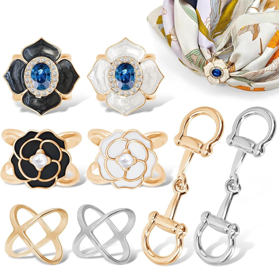8 Sets Scarf Ring Elegant Horsebit Buckles Metal Clips for Women Scarves Pin Tshirt Ties Clip Perfect for Silk Scarves, Shawls, and Fashion Accessories