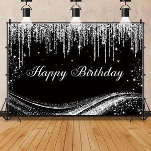 Renaiss 10x7ft Silver Birthday Backdrop for Photoshoot Man Woman Portrait Gray Floating Glitters Luxury Graceful Black Photography Background Happy Birthday Banner Bday Party Decors Photo Booth Props
