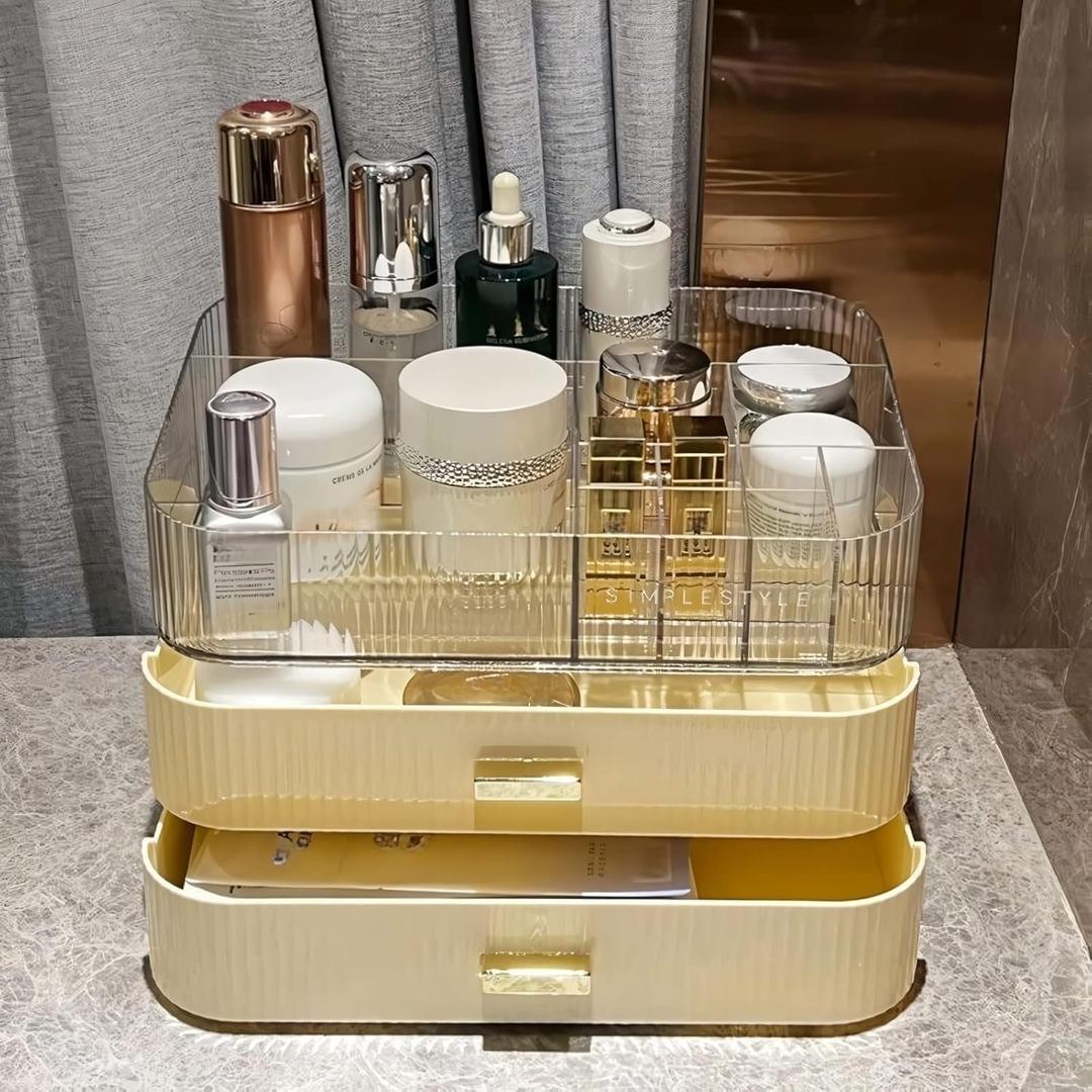 Makeup Organizer with Stackable Drawers, Bathroom Countertop Vanity Organizers and Storage, Ideal for Desk and Dresser, Great for Cosmetics, skin Care, Lipsticks, Nail Care -Cream White (1 Tray + 2 Drawer)