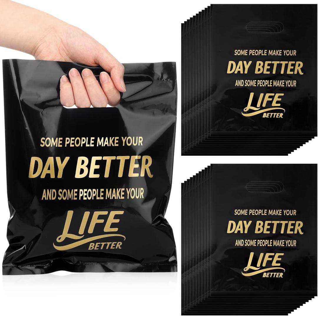 SilTriangle 50 Pack Employee Appreciation Gift Bags Black Thank You Bags for Small Business 10 x 8 Inch Plastic Shopping Packaging with Handle for Christmas Coworker Teacher Boutique Merchandise Gifts