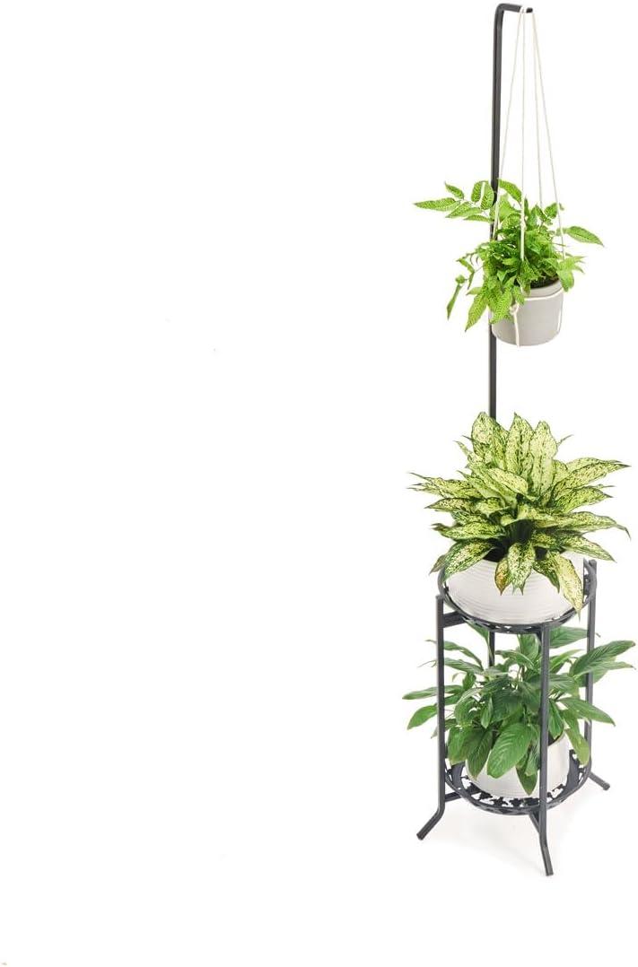 Hanging Plant Stand Indoor, 2-Tier Metal Plant Shelf with Hanging Hook | Pre-Assembled, Foldable Design | Space-Saving Indoor & Outdoor Garden Dcor for Patio, Balcony, Living Room (Black)