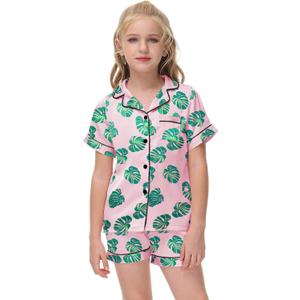 Veseacky Girls Silk Pajamas Boys Baby Button Down Hawaiian Flower Pajama Set Short Sleeve Pjs Summer Lounge Sets Sleepwear (Green leaf,6y 7y)