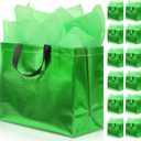 KeerxunBag 12Pcs Reusable Gift BagsIncludes Tissue Paper Gift bag with handle Birthdays Parties Holidays Weddings Medium 13x5x11in Green Gift Bags