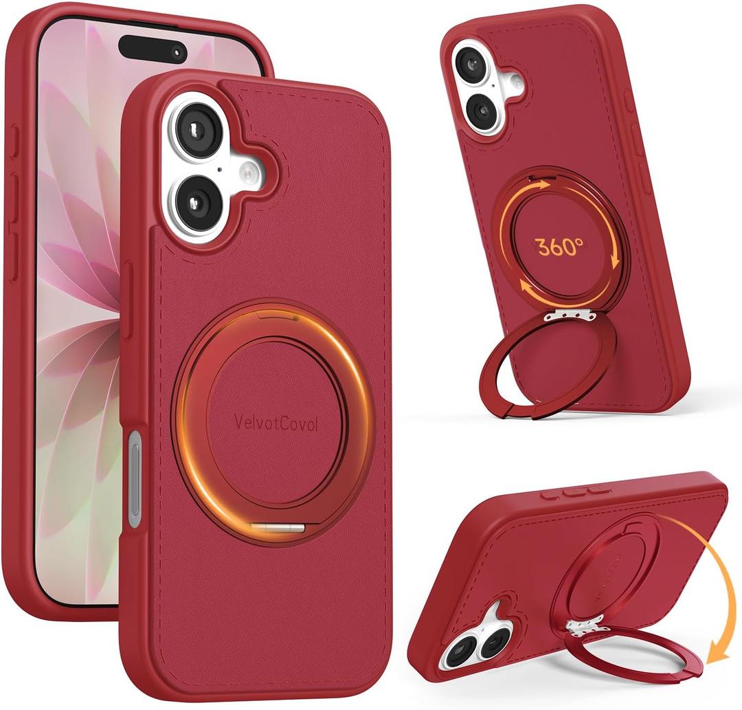 for iPhone 17 Case [360 Rotatable Stand][17FT Military-Grade Drop Protection][Premium PU Leather] Tactile Clicking Sound Slim Magnetic Kickstand iPhone 17 Cover, Red