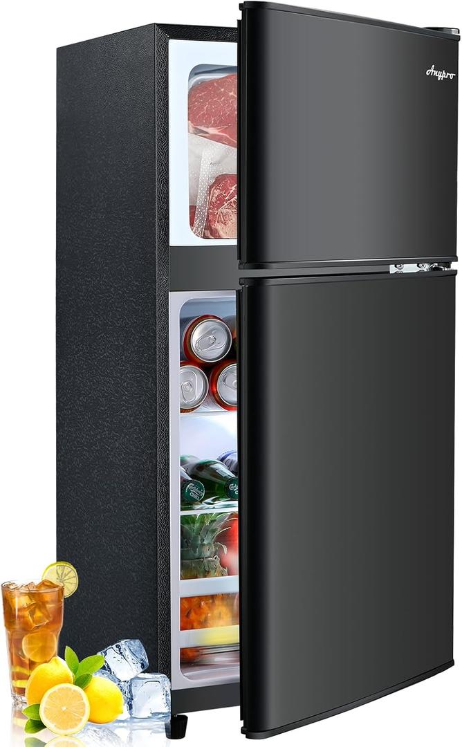 Anypro 3.2 Cu.Ft Fridge with Freezer with 2 Doors, Refrigerator with 7 Level Temperatures, LED Light, Adjustable Shelves, Food Storage Cooling Drink for Bedroom, Office, Dorm, Apartment, Black