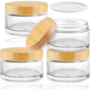 4 Pcs 200g/6.7oz Clear Cosmetic Containers Glass Jar Empty Sample Jars with Bamboo Lids for Cream Lotion Lip Balm Makeup
