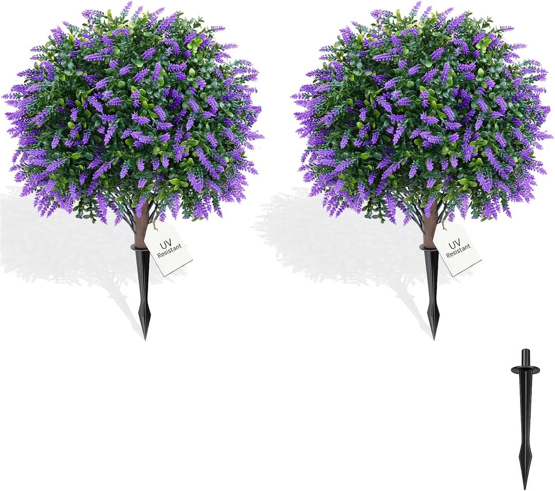 Artificial Topiary Ball Trees with Lavender, 2 Pack Artificial Shrubs Bushes with Ground Spike, Fake Plants for Outdoor Front Porch Decor UV Resistant