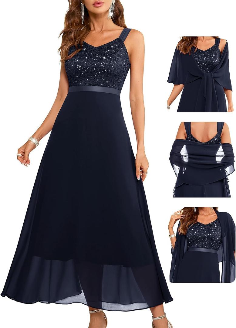 BeryLove Formal Wedding Guest Sequin Prom Dresses Cocktail Evening Lace Elegant Mother of The Bride Dress XX-Large, Navy