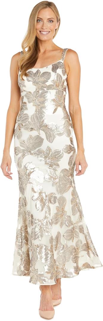 Long Beaded Mermaid Silhouette Floral Sequin Gown (8, Ivory/Champagne)