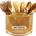 360 Rotating Metal Utensil Caddy - 4 Compartment Silverware Cutlery Holder Rotation Fork Spoon Napkin Organizer Flatware Storage Basket Party Countertop Buffet Picnic Camping Outdoor Gold