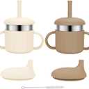 Baby Sippy Cups, 7.4 Oz 3 Stages Training Straw Cups for Infants Toddlers 6-12 Month and Kids 1-3 Year, Stainless Steel Kid Cups with Silicone Straws (Beige+Brown)
