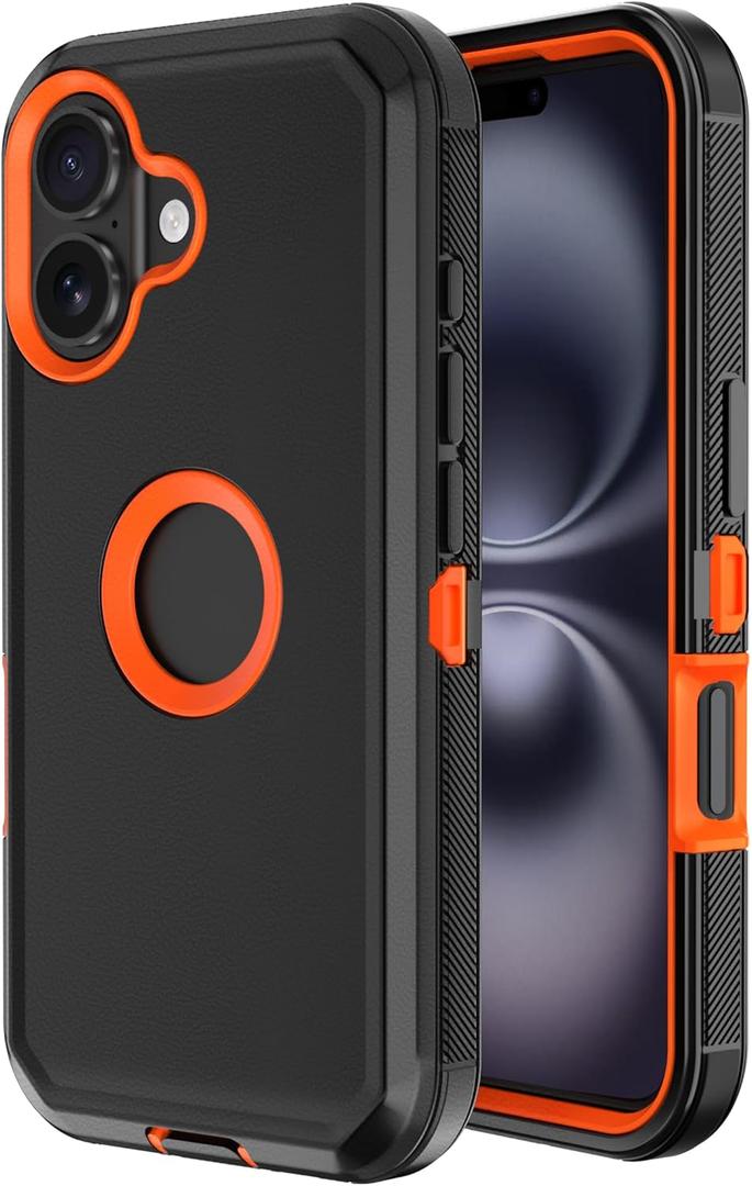 Jiunai for iPhone 16 Plus Case Heavy Duty Strong Shockproof Port Protection Dustproof Screenless Dual Layer Bumper Protective Cover Rugged Phone Case for iPhone 16 Plus 6.7'' Men Women Black Orange
